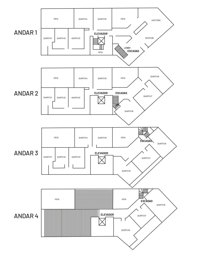 Planta do hotel por andar com a localização de cada quarto